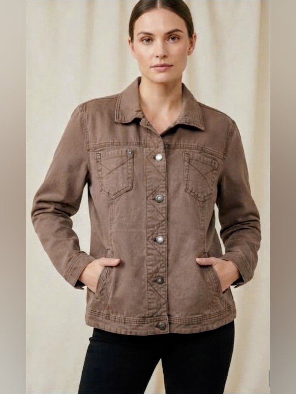Women’s Casual Brown Denim Jacket - Classic Jean Jacket Organic Cotton Small S +